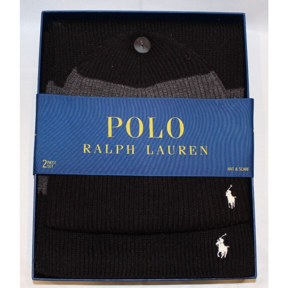 Polo Ralph Lauren Men's BLACK GRAY Beanie Hat‎ & Scarf Gift Set Pony Logo NEW - Picture 1 of 5